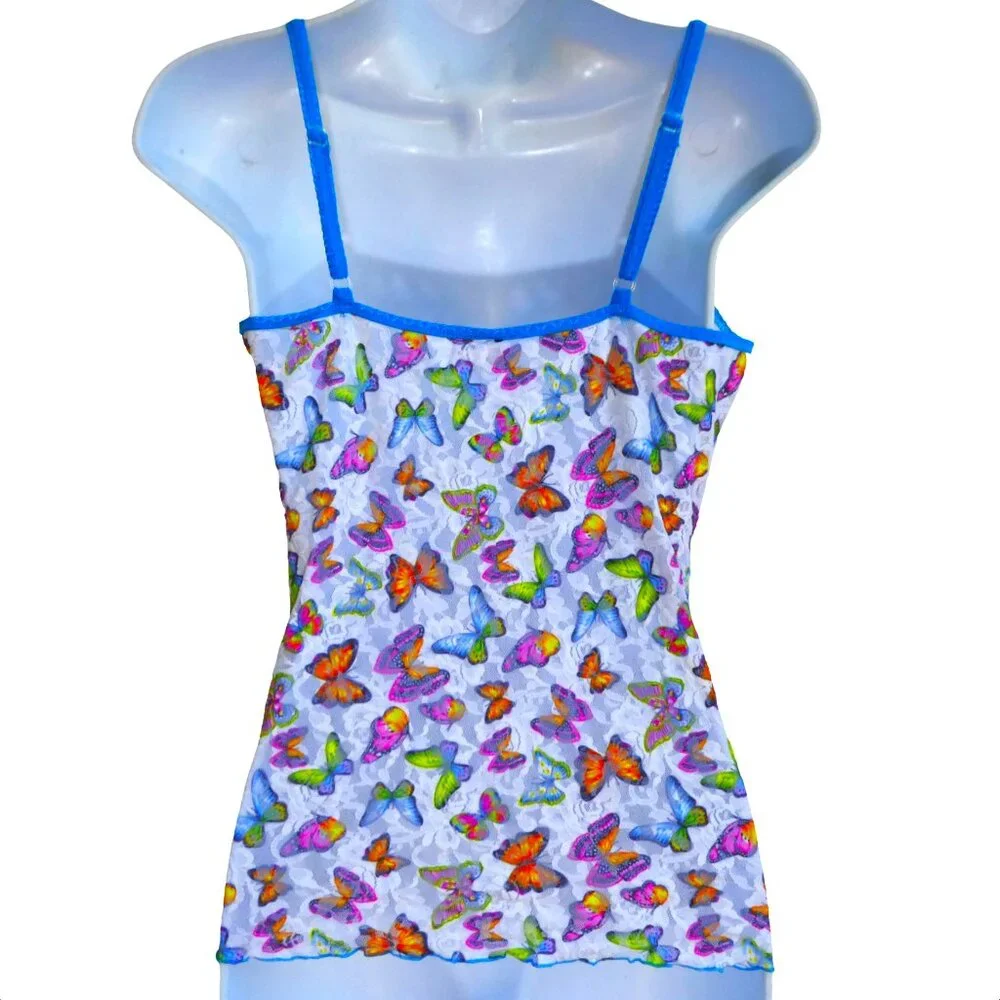 Vintage USA 90s Y2K Hanky Panky Nylon Lace Cami Top Butterflies Adj Straps Sheer